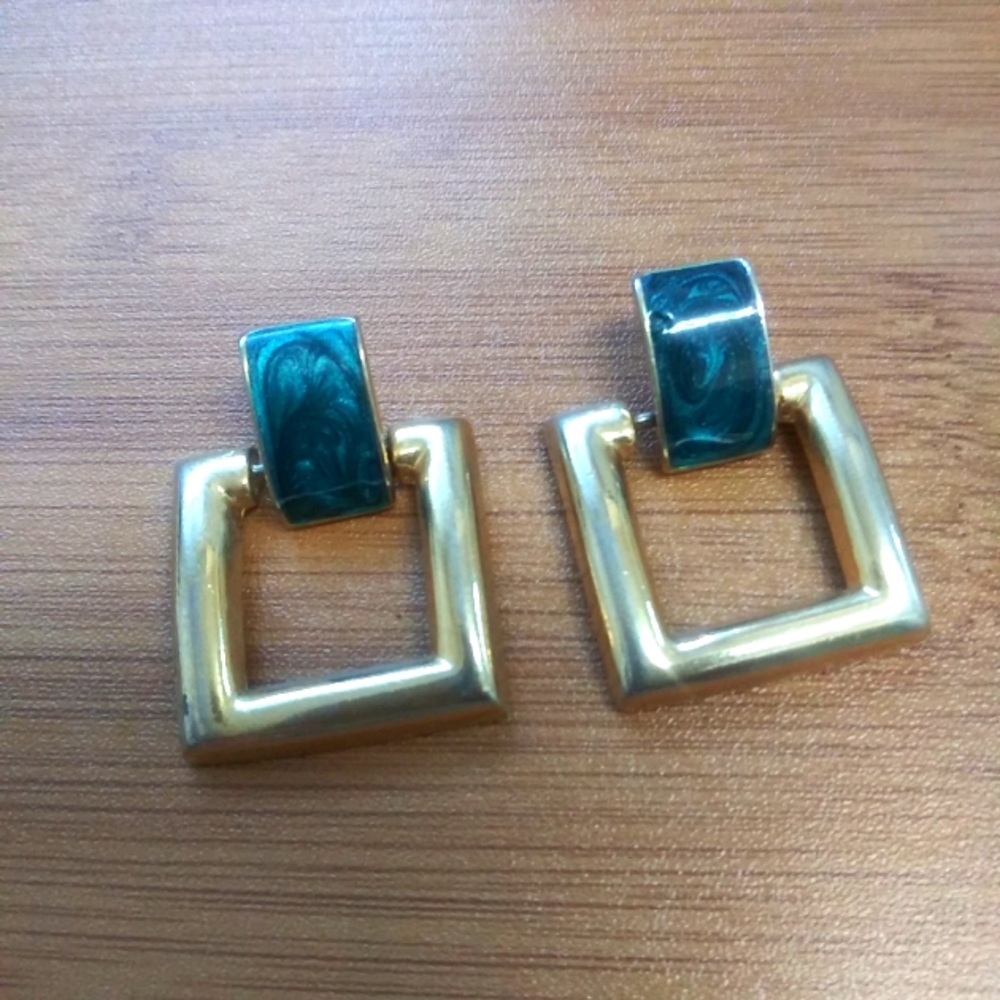 Vintage Doorknocker Earrings Enamel Gold Square Chunky Jewelry.